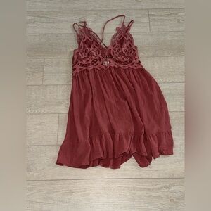 Lace Trimmed Sleeveless Dress in Rust Red